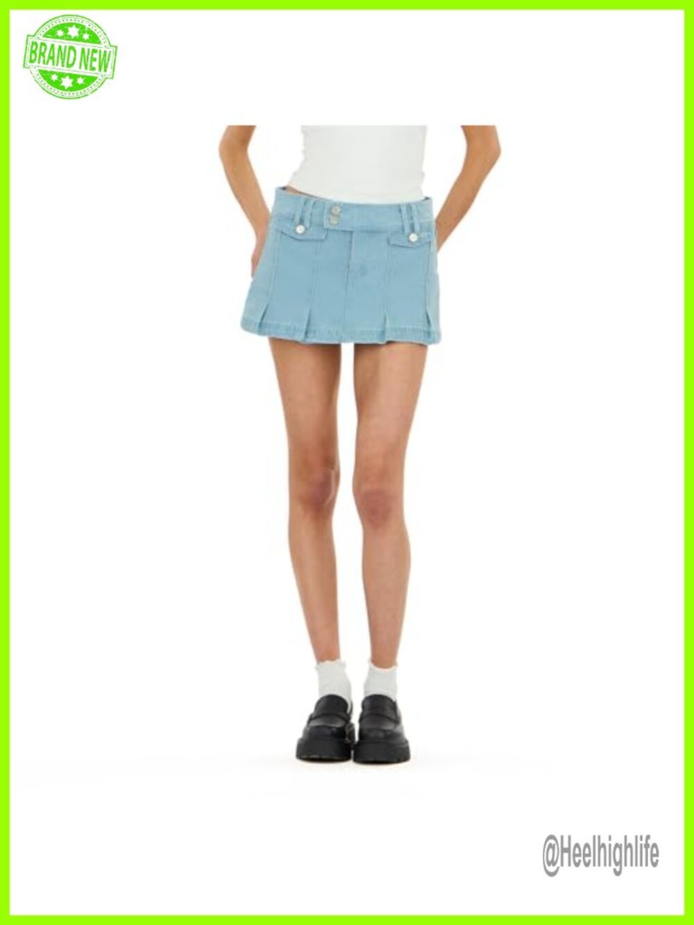 Pleated Denim Skort with Buttons Mid Rise Cotton Blend